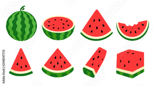 Tableau sur toile Set of watermelon fruit slices and whole melon vector icons