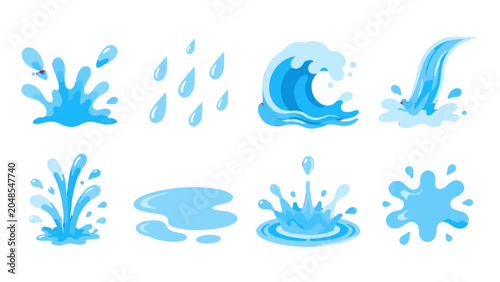 Φωτογραφία Blue water splash, drops, wave and puddle vector set