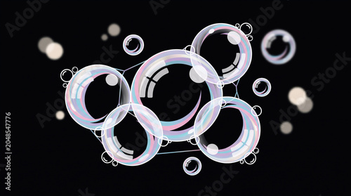 A stunning cluster of transparent soap bubbles floating weightlessly against a pure solid black background.