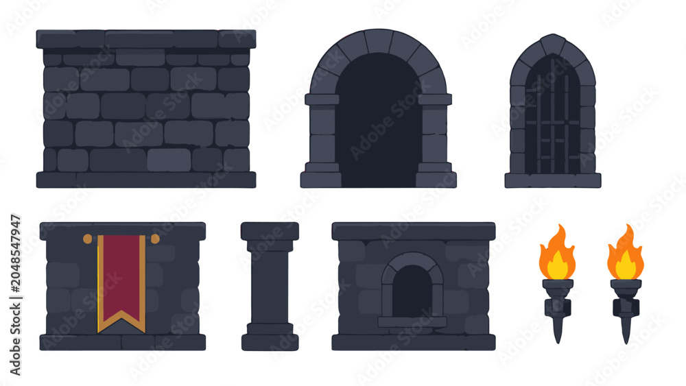 Naklejka premium Set of dark stone wall, arch, window, pillar and torch icons