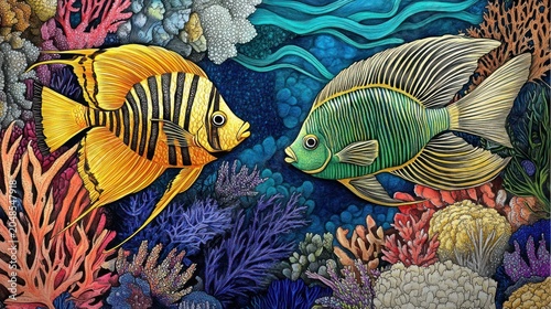 Two vibrant, stylized fish face each other amidst colorful corals in a deep blue sea