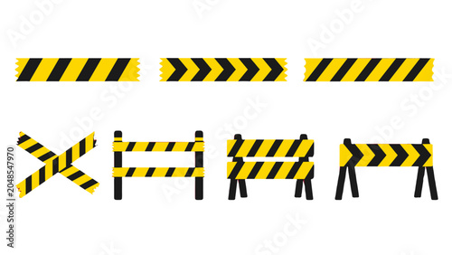 Cuadro en lienzo Set of black and yellow hazard tape and barricade signs