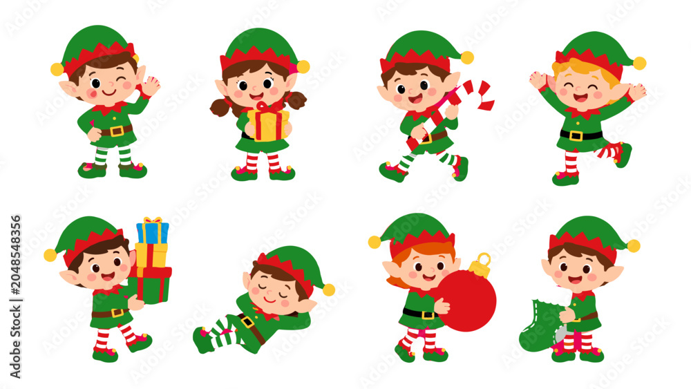 Fototapeta premium Cute Christmas elf characters set with gifts and decorations