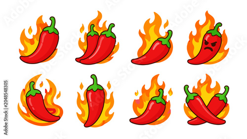 Photography Set of cartoon red chili peppers with flames on white
