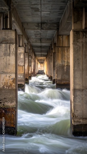 A long concrete bridge over a turbulent river with whitewater