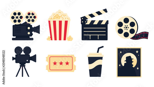 Cuadro en lienzo Cinema and movie icons set with popcorn camera and clapperboard