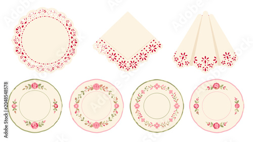 Canvas-taulu Vintage floral paper doilies, napkins, and decorative plates set