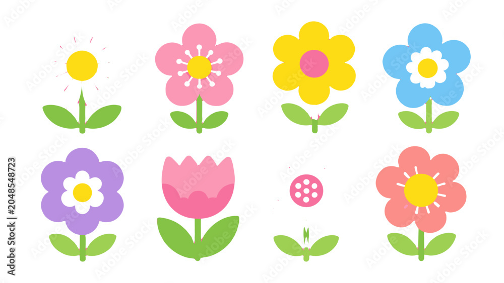 Obraz premium Set of colorful simple flower icons on white background