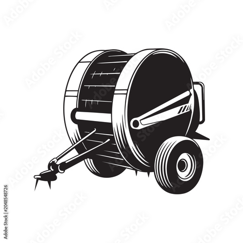 Black and white line art illustration of a round hay baler agricultural farm machinery equipment
