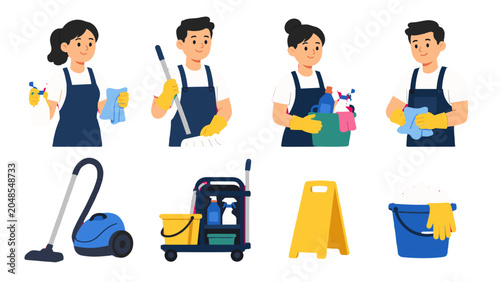 Schilderij op canvas Cleaning service workers and janitorial equipment vector set