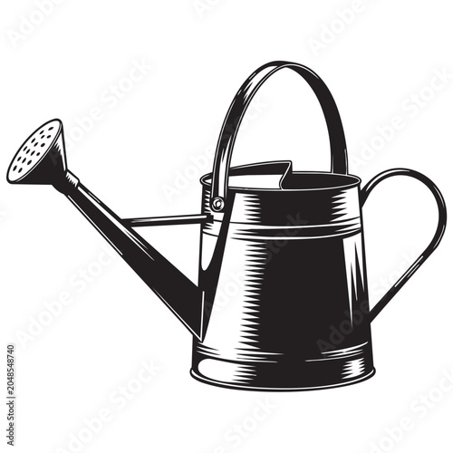 Vintage style black and white illustration of a metal garden watering can with a handle and spout