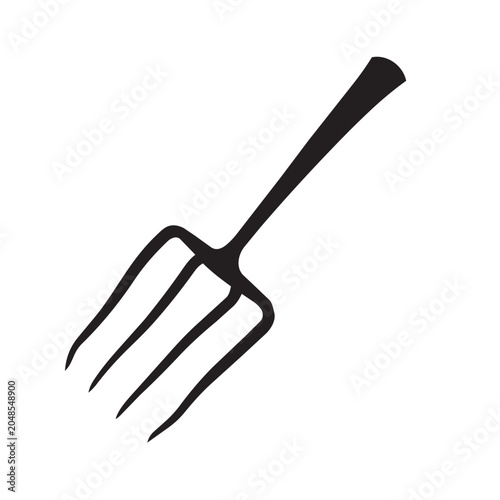 A simple black silhouette illustration of a garden pitchfork tool isolated on a white background