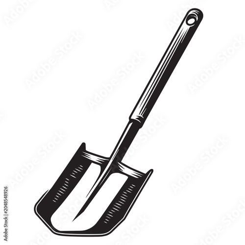Vintage style black and white line art illustration of a garden shovel or spade tool