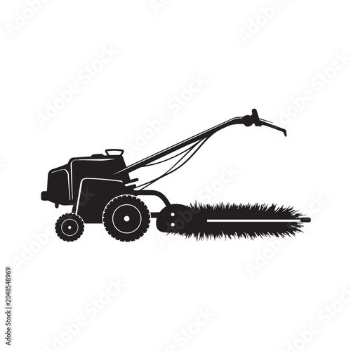 Black silhouette of a walk behind power sweeper or lawn cleaning machine isolated on white background