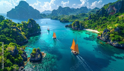 Aerial photographs show antique sailboats navigating through tropical bays, emerald blue seas, clear blue waters, sunny weather, summer holidays, sailing voyages on antique sailboats, paradise island 