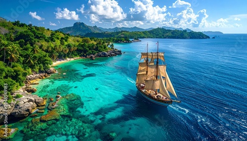 Aerial photographs show antique sailboats navigating through tropical bays, emerald blue seas, clear blue waters, sunny weather, summer holidays, sailing voyages on antique sailboats, paradise island 