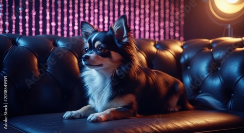 Long-haired Chihuahua sitting on luxury leather sofa in neon lighting, representing pampered pet lifestyle and high-end boutique pet care.