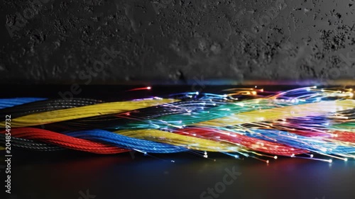 Multicolored fiber optic cable with glowing strands. Data transfer and telecommunication network infrastructure concept for high speed internet signal connection