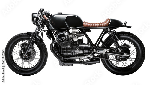 Foto Isolated sleek black custom built cafe racer motorcycle with vintage design and