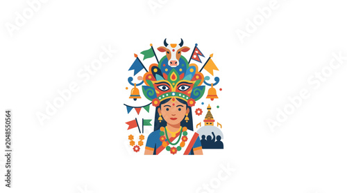 Φωτογραφία Colorful Traditional Balinese Barong Mask and Dancer Illustration