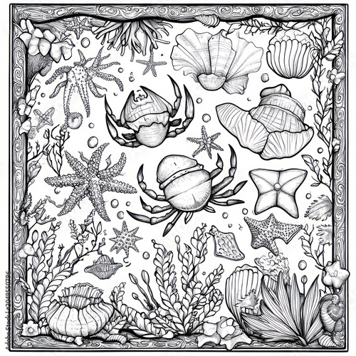 Hand-drawn grayscale illustration of a square marine life collection on a white backdrop