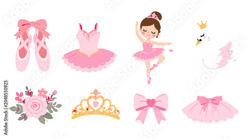 Foto Pink ballerina clipart set with tutu shoes swan and tiara