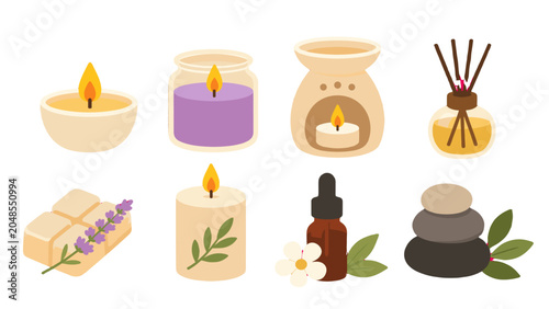 Foto Set of candles, diffuser, soap, oil bottle, and spa stones