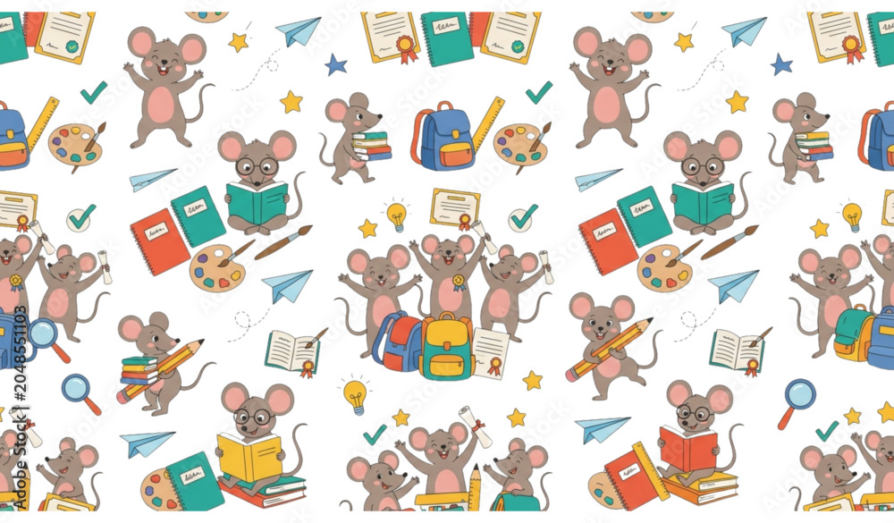 Fototapeta premium Playful Mouse School Theme Seamless Pattern with Educational Objects Vector Illustration