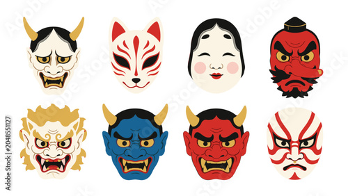 Set of traditional Japanese style theatrical and demon masks