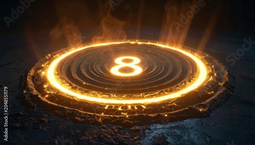 Glowing Number 8 Portal with Fiery Energy and Smoke.