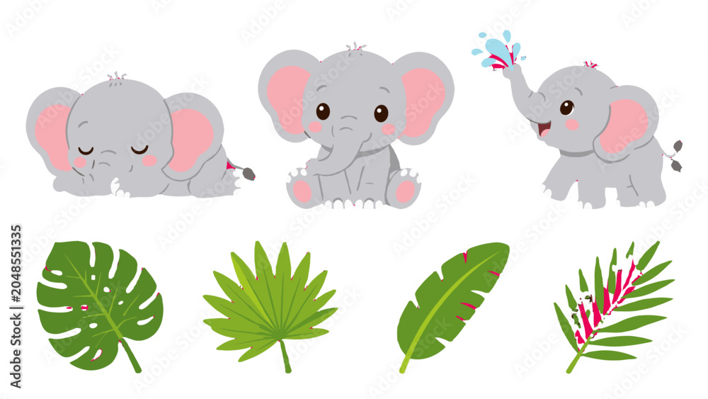 Obraz premium Cute baby elephant cartoon set with tropical leaves