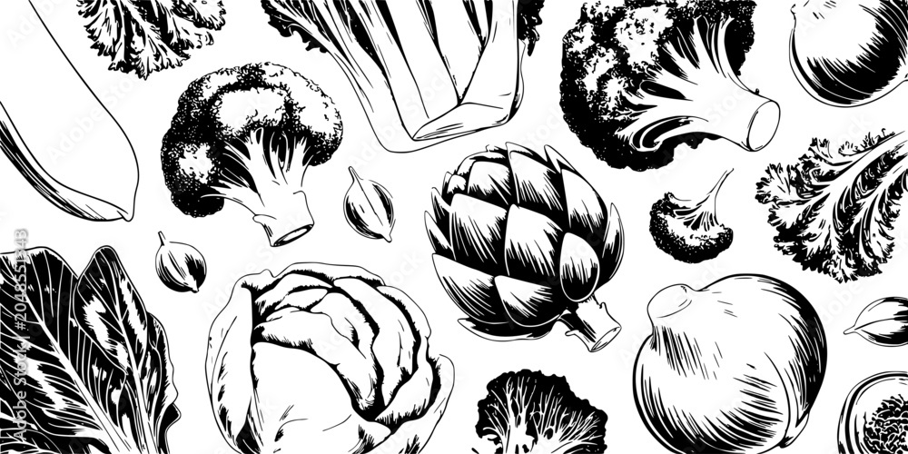 Obraz premium Doodle Vector Seamless Pattern with Hand-Inked Botanical Leaves, Feathers, and Abstract Shapes in Monochrome