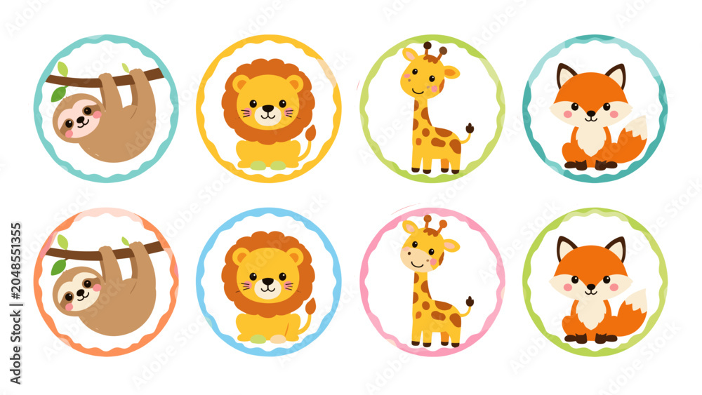 Fototapeta premium Cute cartoon animal badge set with sloth lion giraffe and fox