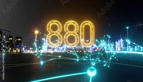 Glowing Neon Number 880 Illuminated Above Futuristic Cityscape at Night.