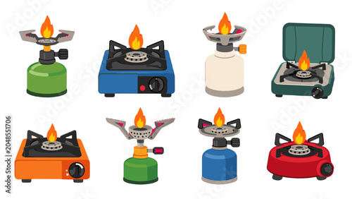 Foto Portable camping stove set with gas burners and flames