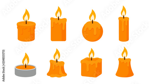 Foto Set of orange burning candles in assorted shapes vector