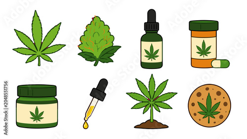 Bild auf Leinwand Cannabis product icons with leaf, oil bottle, jar and cookie
