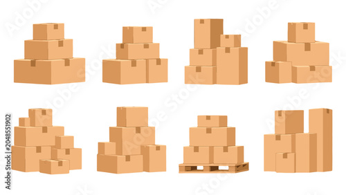 Foto Set of stacked cardboard shipping boxes in different arrangements