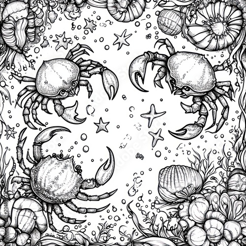 Monochrome drawing of crabs, shells, sea life elements in an underwater scene