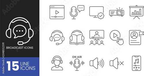 Set of broadcast line icons, including podcast, webinar, streaming, media player, and audio controls