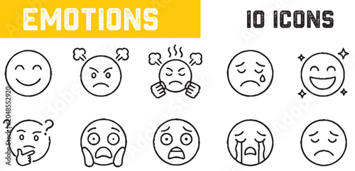 Human emotion and facial expression outline icon set for UI design
