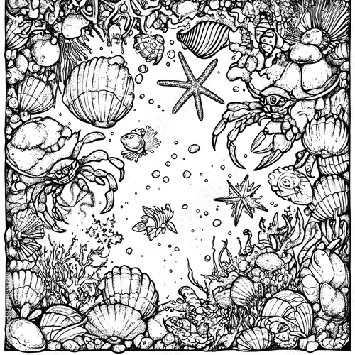Hand-drawn ocean scene shells, crabs, starfish, coral, and small fish in a dense composition