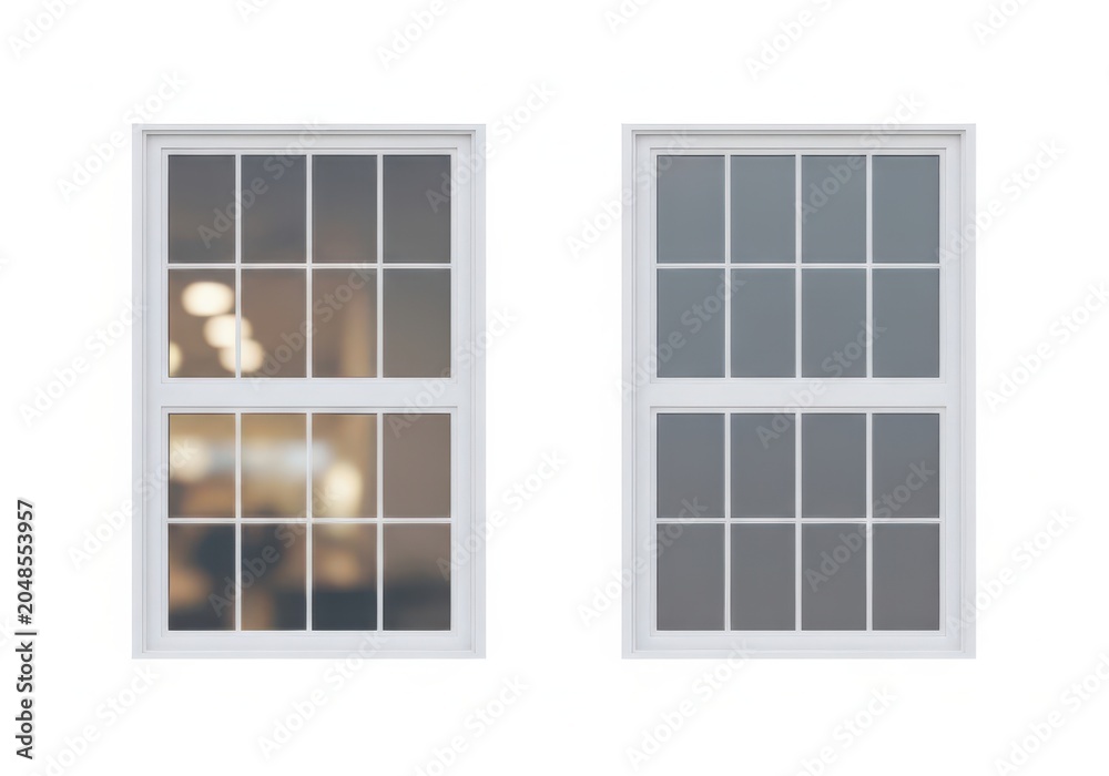 Obraz premium Two white sash windows with glass panes for residential building construction
