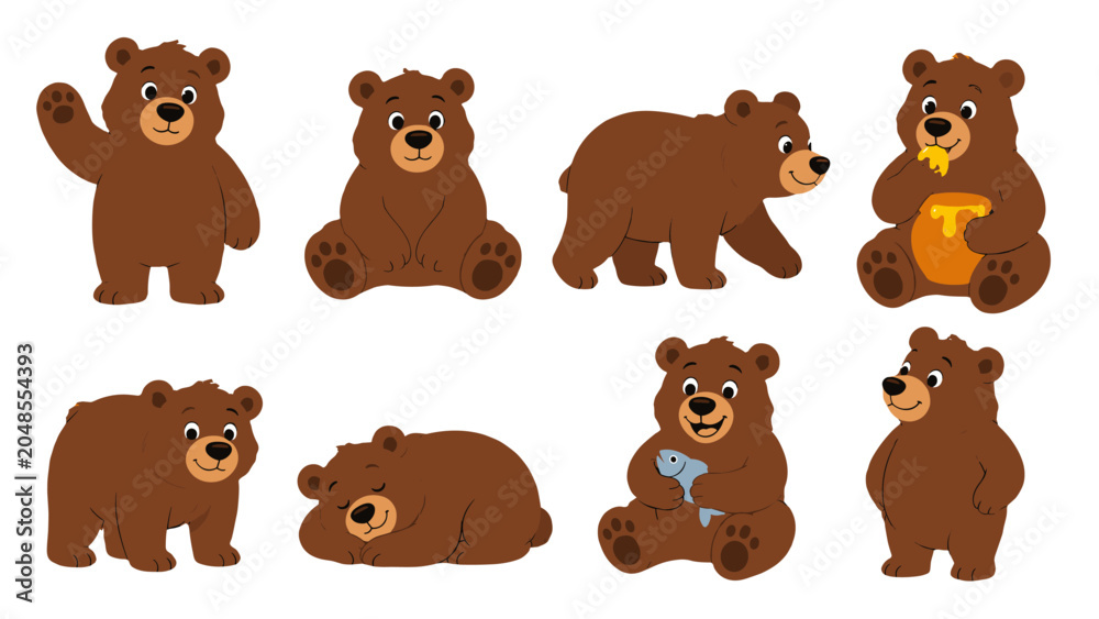 Fototapeta premium Set of cute cartoon brown bears in different poses
