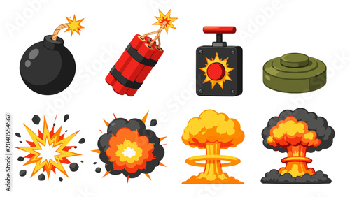 Foto Cartoon bomb and explosion icons set on white background
