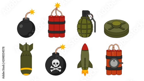 Foto Set of cartoon explosive devices and military ordnance icons