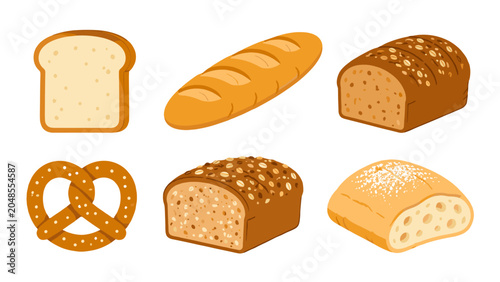 Foto Collection of bread and bakery items in simple vector style