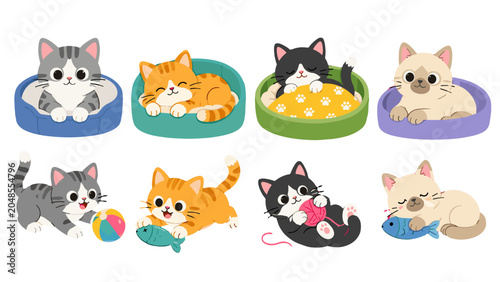 Tablou pe pânză Cute cartoon cats sleeping and playing in a vector set