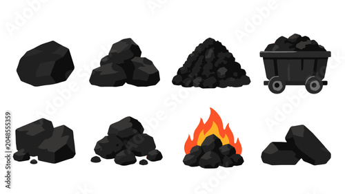 Schilderij op canvas Set of black coal rocks, pile, cart and burning coals vector