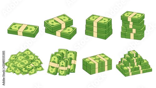 Obraz na płótnie Cartoon stacks and bundles of paper money set